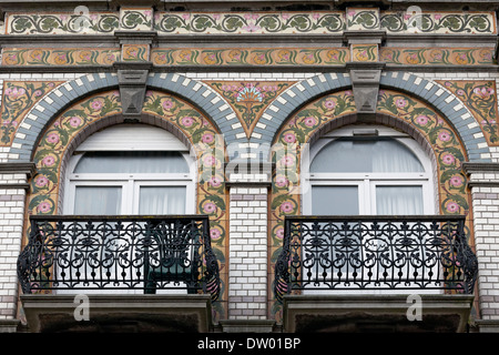 Art Deco facade, tiles with floral scrolls, Villa Olga, Blankenberge, West Flanders, Belgium Stock Photo