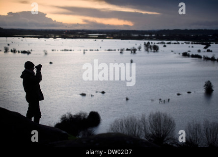 Flooding on the Somerset Levels - a bird watcher views the levels from Burrow Mump Feb 2014 Stock Photo