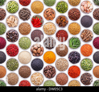 Seamless texture with spices and herbs over white background Stock Photo