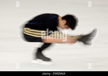 Manila, Philippines. 25th Feb, 2014. Filipino Olympic skater Michael Martinez performs a routine during a practice before his special performance and meet and greet session at the SM MOA on February 25, 2014. Michael Christian Martinez is the first figure skater from Southeast Asia to qualify for the Olympics, Martinez was also the only athlete representing the Philippines at the 2014 Winter Olympics in Sochi, Russia and served as his country's flagbearer at the opening ceremony. Martinez who started skating in a commercial mall, qualified for the free skate in Sochi, after placing 19th in th Stock Photo