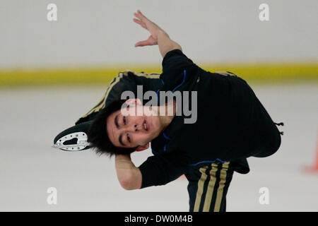 Manila, Philippines. 25th Feb, 2014. Filipino Olympic skater Michael Martinez performs a routine during a practice before his special performance and meet and greet session at the SM MOA on February 25, 2014. Michael Christian Martinez is the first figure skater from Southeast Asia to qualify for the Olympics, Martinez was also the only athlete representing the Philippines at the 2014 Winter Olympics in Sochi, Russia and served as his country's flagbearer at the opening ceremony. Martinez who started skating in a commercial mall, qualified for the free skate in Sochi, after placing 19th in th Stock Photo