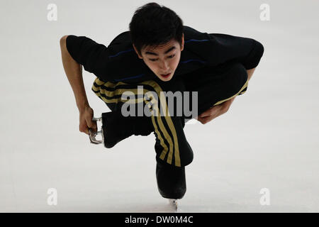 Manila, Philippines. 25th Feb, 2014. Filipino Olympic skater Michael Martinez performs a routine during a practice before his special performance and meet and greet session at the SM MOA on February 25, 2014. Michael Christian Martinez is the first figure skater from Southeast Asia to qualify for the Olympics, Martinez was also the only athlete representing the Philippines at the 2014 Winter Olympics in Sochi, Russia and served as his country's flagbearer at the opening ceremony. Martinez who started skating in a commercial mall, qualified for the free skate in Sochi, after placing 19th in th Stock Photo