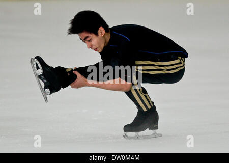 Manila, Philippines. 25th Feb, 2014. Filipino Olympic skater Michael Martinez performs a routine during a practice before his special performance and meet and greet session at the SM MOA on February 25, 2014. Michael Christian Martinez is the first figure skater from Southeast Asia to qualify for the Olympics, Martinez was also the only athlete representing the Philippines at the 2014 Winter Olympics in Sochi, Russia and served as his country's flagbearer at the opening ceremony. Martinez who started skating in a commercial mall, qualified for the free skate in Sochi, after placing 19th in th Stock Photo