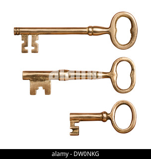 Three Antique Brass Keys isolated on white. Stock Photo
