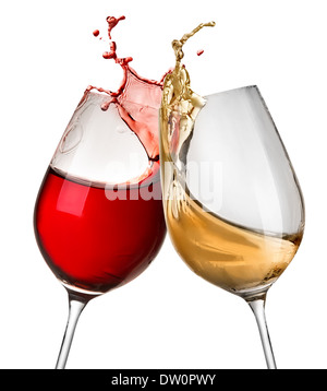 Splashes of wine in two wineglasses isolated on white Stock Photo