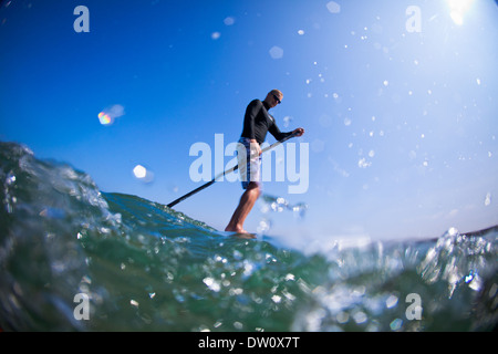 Stand up paddleboarder paddles in North Devon's clear Atlantic waters in summer. Stock Photo