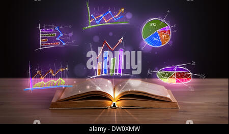 Book on wooden deck with glowing graph illustrations Stock Photo