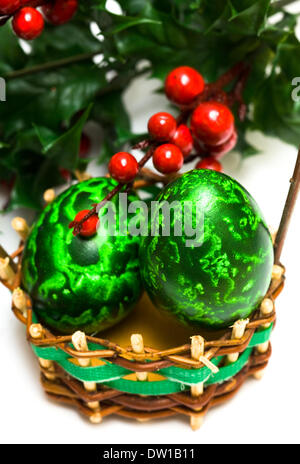 Easter eggs in a basket Stock Photo