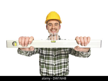 manual worker hold spirit level Stock Photo