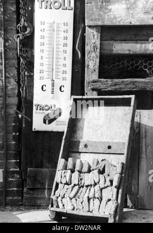 So-called warming plates are offered for sale as a substitute for coal next to a thermometer displaying an advertisement of the briquette brand 'Troll' at a coal merchant in Berlin, Germany, around 1948. Fotoarchiv für Zeitgeschichtee - NO WIRE SERVICE Stock Photo