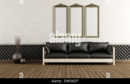 Black leather sofa in a vintage living room - rendering Stock Photo