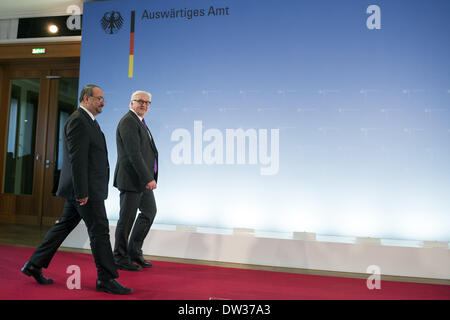 Berlin, Germany. 26th Feb, 2014. German Foreign Minister Frank-Walter Steinmeier receives the Prime Minister of the Interim Government of Syria, Ahmad Tomed for a bilateral conversation and to talk about the situation in Syria. Credit:  Goncalo Silva/NurPhoto/ZUMAPRESS.com/Alamy Live News Stock Photo