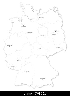 Map of German states with cites (DE names) on white background. A small scale contour map of Germany projected in WGS 84 Stock Photo