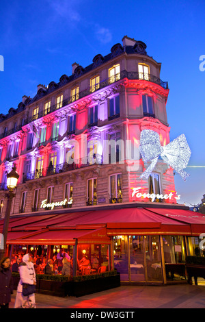 Fouquet's Restaurant At Dusk, Avenue des Champs-Elysees, Paris, France, Western Europe. Stock Photo