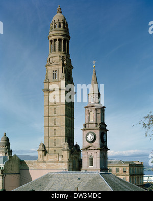 Victoria Tower of the Municipal Buildings and spire of Wellpark Mid-Kirk in Greenock Inverclyde District Scotland Stock Photo