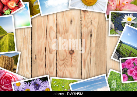 Stack of printed pictures collage on wooden table with copy space for your text or photo Stock Photo