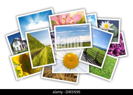 Stack of printed pictures collage. Isolated on white background Stock Photo