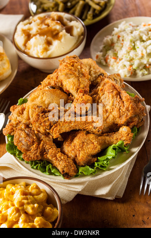 Homemade Southern Fried Chicken with Biscuits and Mashed Potatoes Stock Photo