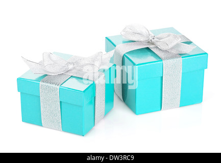 Two blue gift boxes with silver ribbon and bow. Isolated on white background Stock Photo