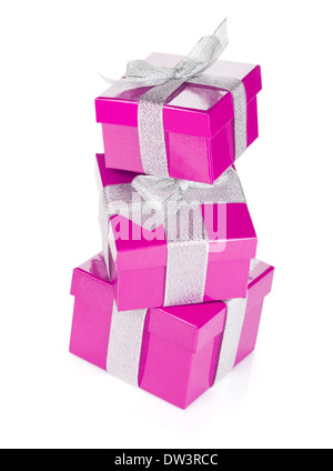Three purple gift boxes with silver ribbon and bow. Isolated on white background Stock Photo
