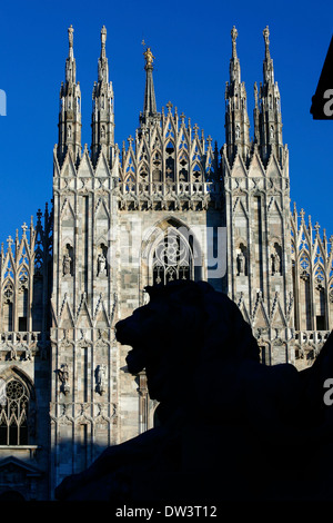 Lion statue  silhouette in front of Duomo of Milan Stock Photo