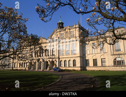 Cardiff University Main Building in spring with magnolia trees Cathays Park Cardiff South Wales UK Stock Photo