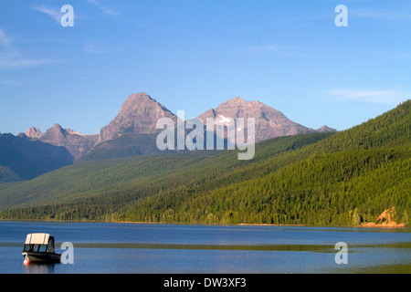 Boating on Lake McDonald, the largest lake in Glacier National Park, Montana, USA. Stock Photo