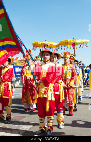 Vietnamese people in traditional costume and dress celebrate the lunar new year (Tet Festival) at Costa Mesa Southern California Stock Photo