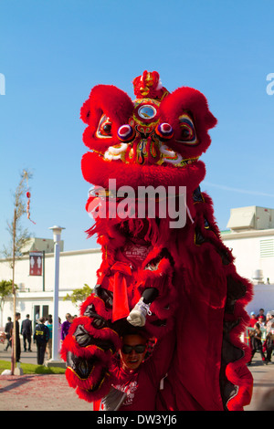 Traditional Vietnamese Lion dance performed at a Tet festival (lunar new year)  California supposedly to ward off evil spirits Stock Photo