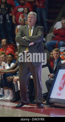 Albuquerque, New Mexico. 25th Feb, 2014. Utah State Aggies head coach Stew Morrill in action during the NCAA basketball game between Utah State Aggies and University New Mexico Lobos at The Pit in Albuquerque, New Mexico. Credit Image © Lou Novick/Cal Sport Media/Alamy Live News Stock Photo