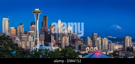 Twilight over Seattle Washington with Mt Rainier beyond, USA Stock Photo