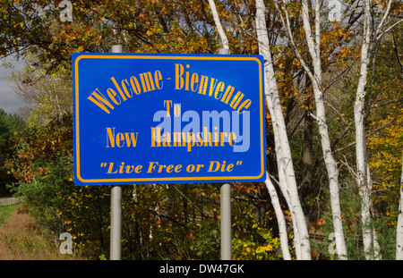 Welcome to New Hampshire sign in Northern New England in fall foliage Stock Photo