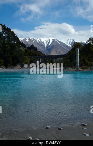 Rakaia River, and Mount Hutt, Canterbury, South Island, New Zealand Stock Photo