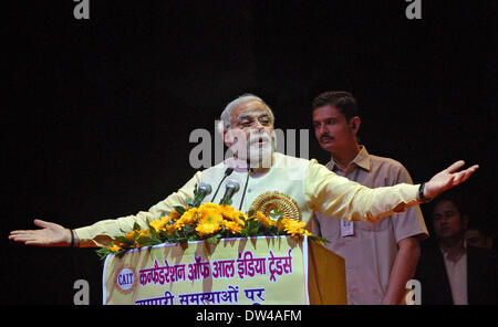 New Delhi, India. 27th Feb, 2014. India's opposition Bharatiya Janata Party (BJP)'s prime ministerial candidate Narendra Modi addresses the All India Traders Convention in New Delhi, India, Feb. 27, 2014. Credit:  Partha Sarkar/Xinhua/Alamy Live News Stock Photo