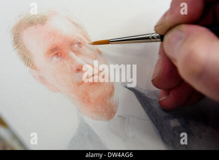 Hanover, Germany. 27th Feb, 2014. Court illustrator Stefan Hoeller paints a portrait of former German President Wulff in the regional court in Hanover, Germany, 27 February 2014. Two years after his resignation, the former President has been cleared of the charges of accepting benefits by the court. Photo: JULIAN STRATENSCHULTE/dpa/Alamy Live News Stock Photo