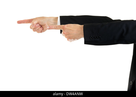 Businessman in a suit pointing to the left with both hands isolated on white, closeup cropped view of the arms Stock Photo