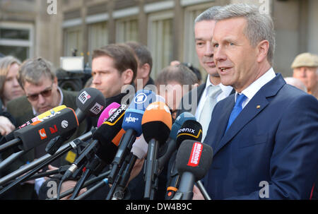 Hanover, Germany. 27th Feb, 2014. Former German President Christian Wulff speaks after the verdict was announced at the regional court in Hanover, Germany, 27 February 2014. Two years after his resignation, the former President has been cleared of the charges of accepting benefits by the court. Photo: PETER STEFFEN/dpa/Alamy Live News Stock Photo