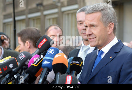 Hanover, Germany. 27th Feb, 2014. Former German President Christian Wulff speaks after the verdict was announced at the regional court in Hanover, Germany, 27 February 2014. Two years after his resignation, the former President has been cleared of the charges of accepting benefits by the court. Photo: PETER STEFFEN/dpa/Alamy Live News Stock Photo