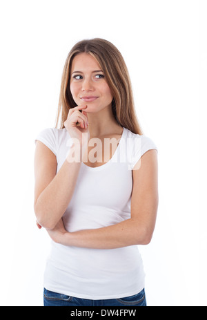 Portrait of a beautiful woman thinking and looking, isolated on white Stock Photo