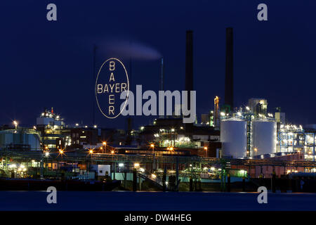 FILE - A file photo dated 31 January 2013 shows the logo of Bayer is lit up behind the old factory gate of the chemical and pharmaceutical company in Leverkusen, Germany, 31 January 2013. Bayer has purchased cancer specialists Algeta. Photo: Oliver Berg Stock Photo