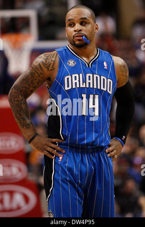 February 26, 2014: Orlando Magic point guard Jameer Nelson (14) looks on during the NBA game between the Orlando Magic and the Philadelphia 76ers at the Wells Fargo Center in Philadelphia, Pennsylvania. The Magic won 101-90. Christopher Szagola/Cal Sport Media Stock Photo