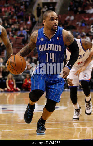 February 26, 2014: Orlando Magic point guard Jameer Nelson (14) in action during the NBA game between the Orlando Magic and the Philadelphia 76ers at the Wells Fargo Center in Philadelphia, Pennsylvania. The Magic won 101-90. Christopher Szagola/Cal Sport Media Stock Photo