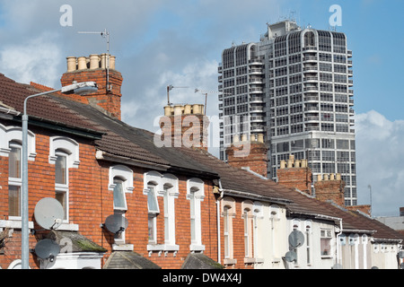 A view of the David Murry John building in Swindon Wiltshire showing Victorian terraced GWR railway homes in the foreground Stock Photo