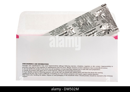 Veterinary envelope and sealed sachet  Vetoquinol Clavaseptin tablets pet animal treatment for cats and dogs Stock Photo