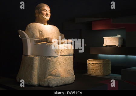 europe, italy, tuscany, chiusi, exhibition of etruscan art, collection of pietro bonci casuccini, cinerary statue called plutone Stock Photo