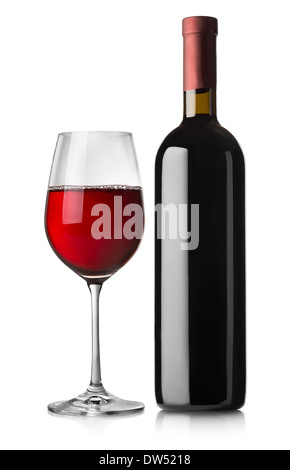 Glass and bottle of red wine isolated on white background Stock Photo