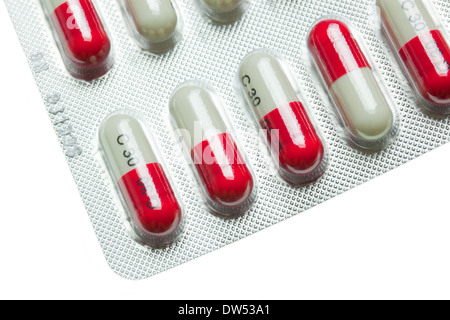 close up of a blister pack containing red and white capsules of a painkiller paracetamol and codeine on a white background Stock Photo Alamy