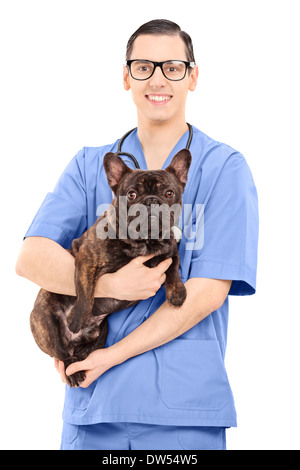 Young male vet holding a dog Stock Photo