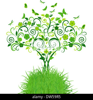 Green lace tree with butterflies. Vector illustration Stock Photo