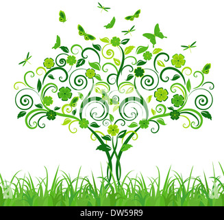 Green lace tree with butterflies. Vector illustration Stock Photo